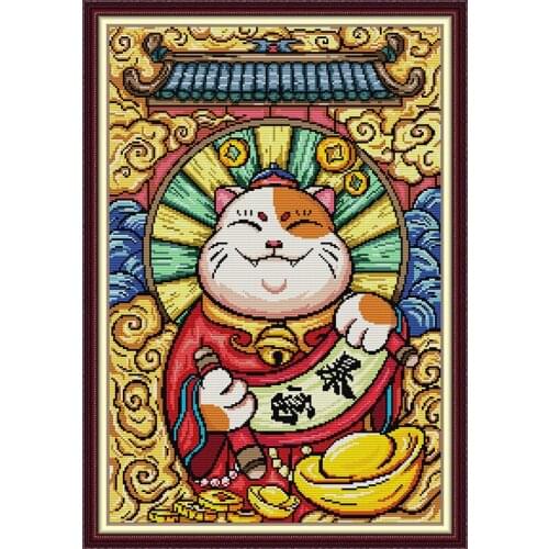 Joy Sunday Cross Stitch Kit Cartoon Animal Lucky Cat Pattern Embroidery Needle Set 11CT 14CT Canvas Printing Kit Home Decoration