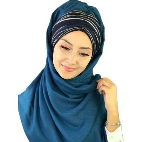 2021New Fashion Hijab Women Muslim Islamic Turban Chiffon Scarf Hat Foulard Navy Striped Pleated Dark Blue Ready Shawl