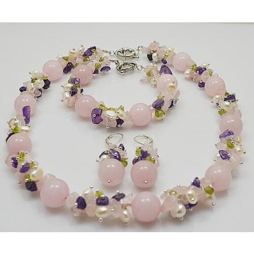 Terisa Pearl Jewelry Natural Stone Rose Quartzs&Amethsyt&Olive&Freshwater Pearl Necklace Bracelet Earring Jewelry Set Woman Gift