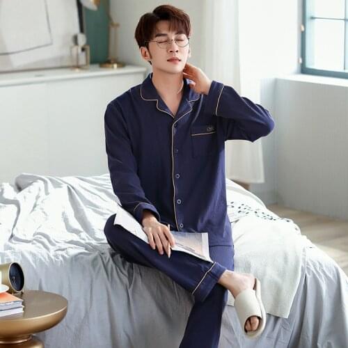 Spring New Style Long Sleeves Oversize 100% Cotton Mens Leisure Pajamas Suits 2PCs Simple And Elegant Autumn Winter Homewear