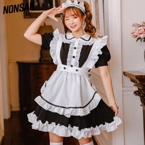 NONSAR Short-Sleeved Lolita Dress Black White Traditional Maid Outfit Costume Cosplay Dress INS HOT SALE S-XL