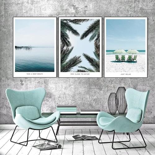 Beach Sun Palm Umbrella Poster Nature Landscape Print Beach Breath Relax Quote Canvas Art Painting Seascape Picture Wall Decor