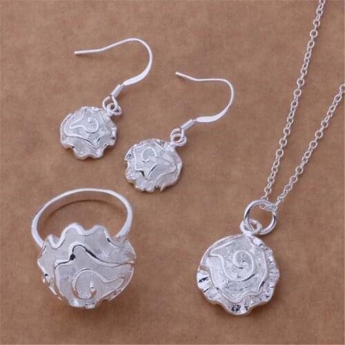 Factory direct silver color jewelry fashion charm Rose flower for lady women classic necklace earrings rings Jewelry Sets