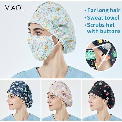 Adjustable Cotton pet work cap for long hair scrubs women caps Lab dustproof working Hats wholesale beautician hat with buttons