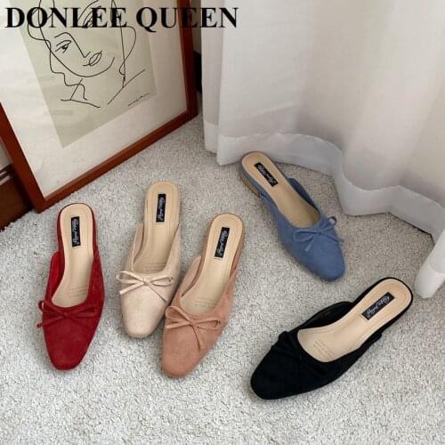 Women Close Toe Slippers Fashion Flat Heels Classic Sweet Bow Mule Shoes Causal Slides Outdoor Flip Flops Brand Zapatillas Mujer