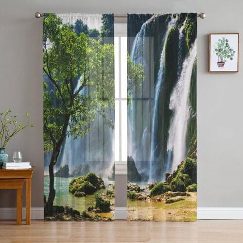 Waterfall Scenery Trees Rocks Tulle Curtains for Living Room Decoration Modern Chiffon Sheer Voile Kitchen Curtain