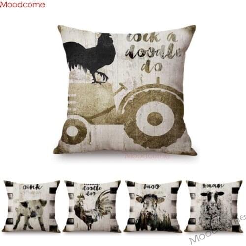 Vintage Farm Animals Rooster Cow Pig Sheep Home Decorative Sofa Throw Pillow Cover Sweet Farm Retro Cotton Linen Cushion Cover