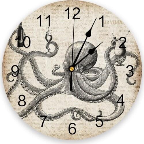 Vintage Old Newspaper Octopus Wine Glass Drink Creative Wall Clock For Home Office Decoration Living Room Bedroom Hanging Watch