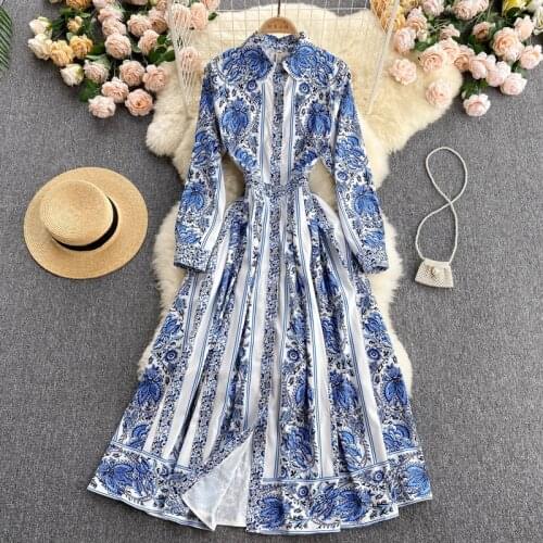 Womens 2021 New Design Sense Niche Printing Long-sleeved Shirt Collar Slim Mid-length Dress Women