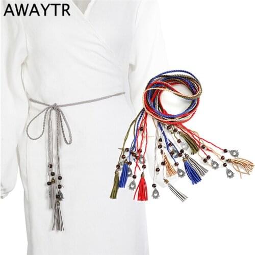 AWAYTR Fresh Beauty Belt Braided Rope Tassel Pendant Metal Drip Beads Pendant Female Applique Belt Accessories Country Style