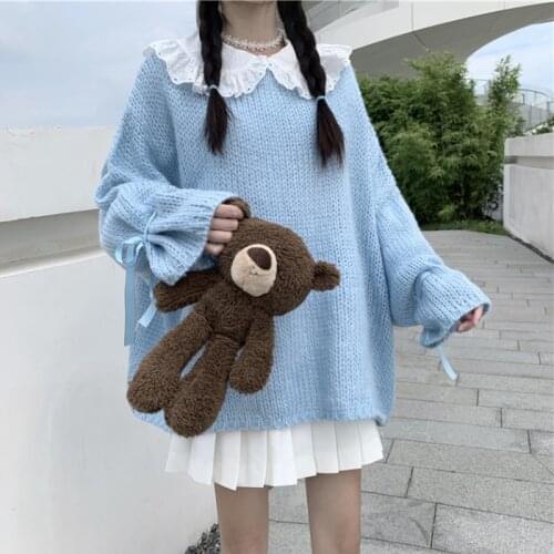 Japanese Lazy Style Sweater Womens Autumn 2020sweet round Neck All-Matching Tied Long Sleeves Milk Blue Knitted Top coat
