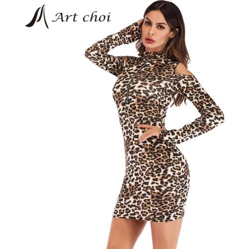 Spring Autumn Women Sexy Leopard Snakeskin Mini Dress Party Female Slim Skirt Garment Buttocks Off Shoulder Turtleneck Ladies
