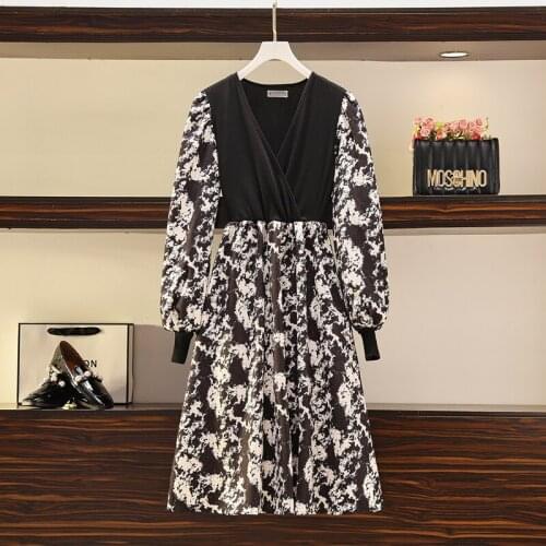 Oversized 4XL Women Dress 2021 Autumn V-Neck Ladies Vestidos Knitted Patchwork Female Robe Korean Black Color Clothes KE310