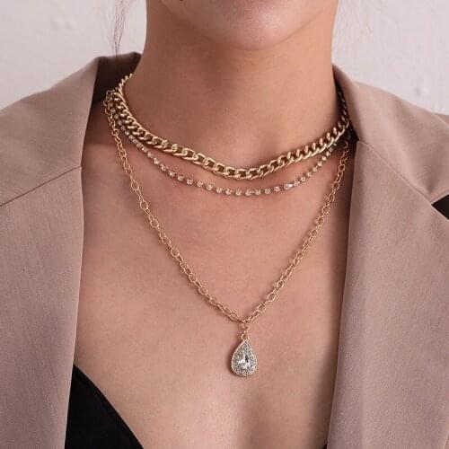Women Vintage Multilayer Necklaces Aluminium Alloy Thick Chain Crystal Water Drop Pendant Geometric Clavicle Necklace Jewelry