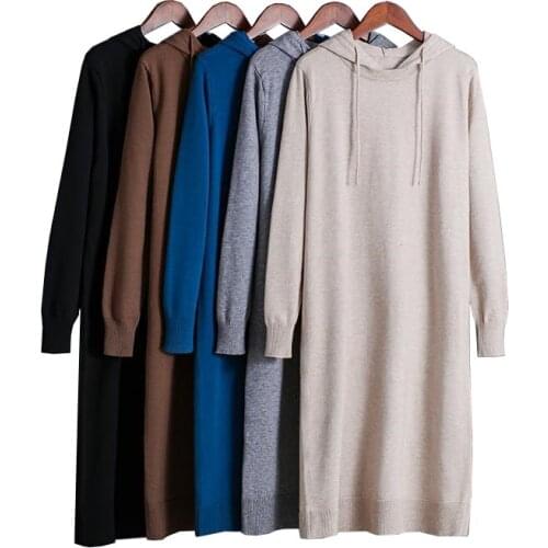 OKXGNZ 2020 Spring Autumn Large size Knit Dress Women Long sleeve Hooded Pullover Dresses Female Loose Long Sweater Dresses 3151