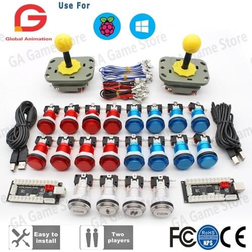 2 Player DIY Arcade with 5V LED Kit Transparent Coin Buttons Sanwa Joystick New USB Encoder Cable For PC Raspberry Pi Game