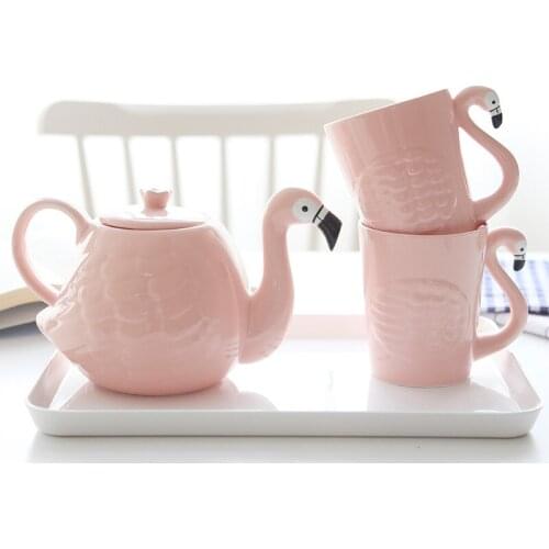 Pink Flamingo Teapot Set Creative Cartoon Ceramic Cup Two Cups One Pot Ceramic Teapot European Tea Set Kitchen Accessories