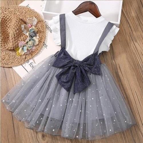Girls' Suit Summer New Style Ruffled Sleeveless Vest Top + Bowknot Sling Mesh Skirt Two-Piece Childrens Wear 3-7 Years Old
