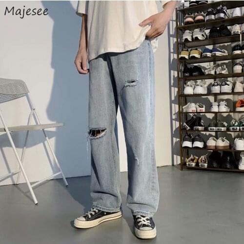 Distressed Holes Denim Jeans Men Couples Plus Size S-3XL Summer Chic Casual Straight High Street Frayed Trousers Male Advanced