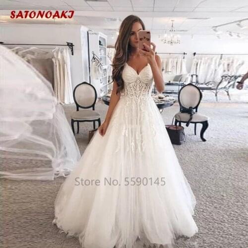 Elegant 2020 Wedding Dress V-Neck Appliques A Line Tulle Sweep Train Country Bridal Gowns Vestidoe De Noiva Robe Mariage Online