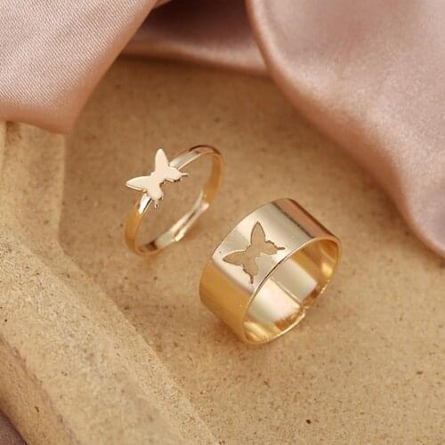 K-pop Snake Heart Butterfly Rings for Women Men Couple Ring Set Cool Gold Open Adjustable Finger Ring Wedding Jewelry