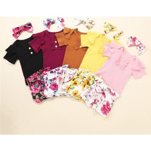 Newborn Baby Girls 3-piece Outfit Set Short Sleeve Ribbed Romper+Floral Print Shorts+Headband Set