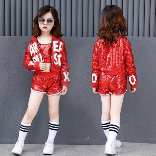 Red Sequin Ballroom Dance Costume Hip Hop Girls Crop Top Loose Clothing Kids Jazz Long Sleeve Jacket Fashion Dancewear Shorts