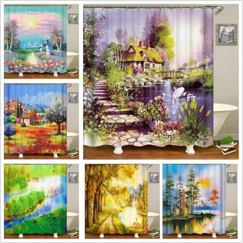 Oil Painting Scenery Shower Curtains Flowers Plant Swan Spring Landscape Bath Curtain Waterproof Bathroom Decor Polyester Cloth