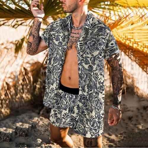 Men 2 Piece Set Summer Casual Man Printed Shirt+Shorts Suit Beach Wear Board Shorts Hawaiian Shirt Set Fashion Loose Clothing