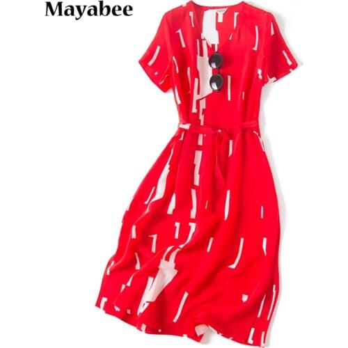 2021 New Spring And Summer Silk Vertical Stripes Are Thin OL Fan V-Neck Mid-Length Womens Short-Sleeved Dress