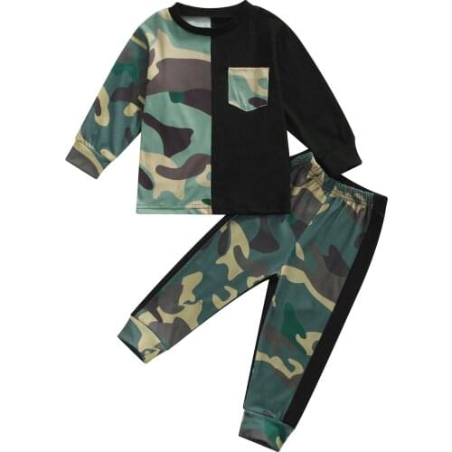 New Causal Kids Boys Clothes Sets 1-6Y Camouflage Printed Patchwork Long Sleeve Pullover Pocket Tops Pant Set