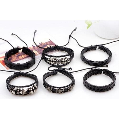 New Mode Style 6pcs/set Leather Bracelet Men Multilayer Punk Skull Star Charm Wrap for Women Vintage Bracelets Fashion Gifts