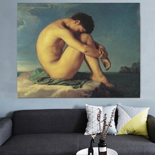 The Naked Man Sitting On A Rock Thinking Canvas Printed Classic Oil Painting Posters On The Wall Art Pictures For Living Room