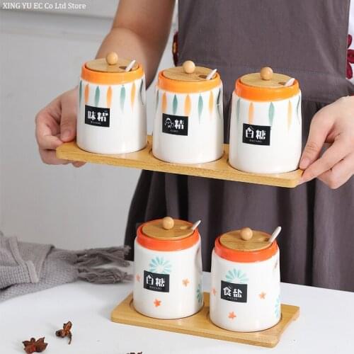 Pastoral Ceramic Seasoning Box Set Combination Salt Sugar MSG Seasoning Jar Seasoning Bottle Storage Box Kitchen Supplies