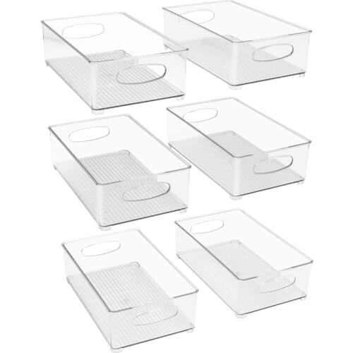 Plastic Storage Bins Stackable Clear Pantry Organizer Box Bin Containers for Organizing Kitchen Fridge, Food, Pack of 6