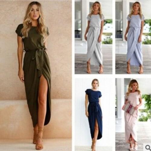 New solid color anti-sleeve flat short sleeve round neck irregular dress dress elegant women dress Cotton Solid Ankle-Length