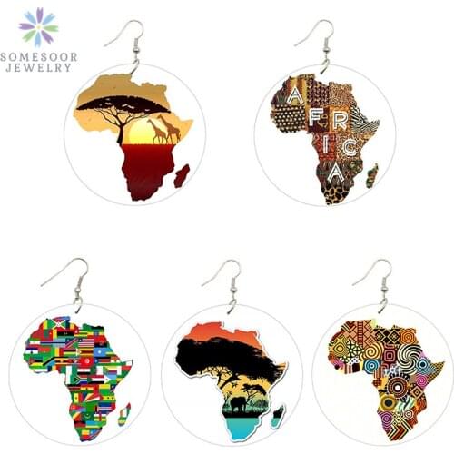 SOMESOOR African Map Natural Wood Drop Earrings Jewelry United Countries Eco Animal Afro Ethnic Artistic Painted Women Jewelry