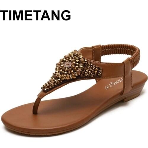 TIMETANG Bohemia Sandals Women Summer Shoes Flat Non-slip Summer Rome Shoes Fashion Rhinestone Female Beach Sandals Casual Plus