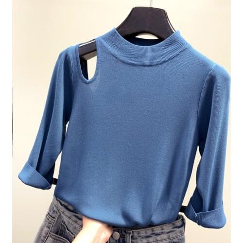 2021 Autumn Thin Knitted Pullovers Women Sweater Korean Fashion Three Quarter Sleeve Top Femme Off Shoulder O-Neck Sweater Mujer