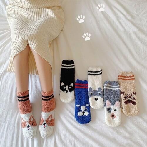 Thicken Coral Fleece Socks Women Cute Cartoon Dog Printted Winter Socks Plush Keep Warm Sleep Home Floor Ladies Funny Socks