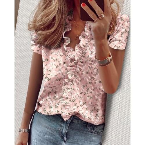 2020 Fashion Summer Ladies Temperament Flouncing Short Sleeve Blouse Sweet Printing Solid Top Casual Shirt Clothing