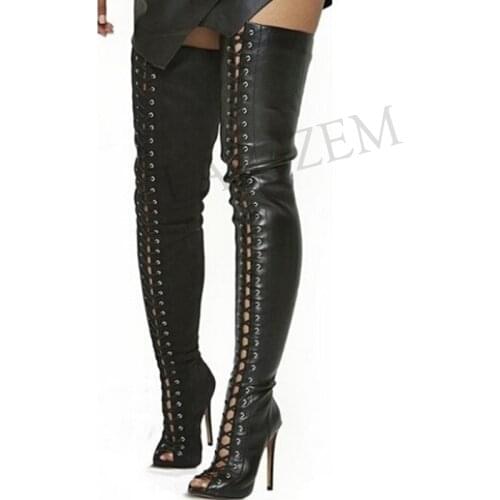 LAIGZEM Women Thigh High Boots Wide Calf Front Lace Cross-tied Party Heeled Boots Summer Shoes Botines Mujer Botas Large Size 52
