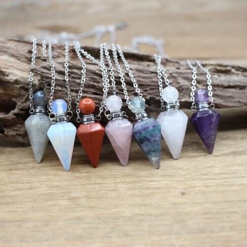 14x36mm Healing Crystal Faceted Cone Pendulum Essential Oil Perfume Bottle Pendants Necklaces Red Jaspers Labradorite QC1080