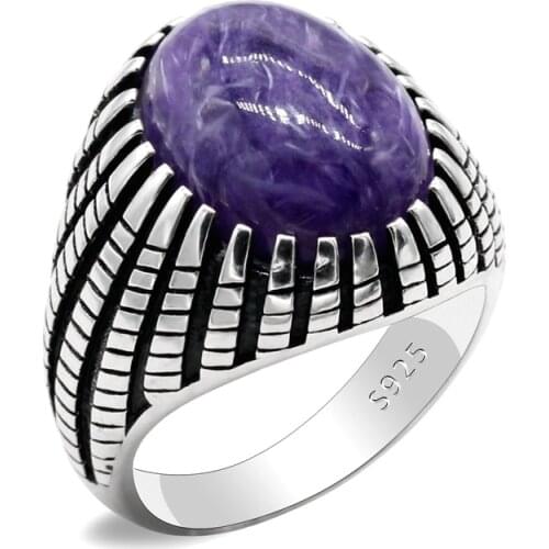 Natural Purple Dragon Stone 925 Sterling Silver Mens Retro Trend Turkish Ring, Used for Party/Wedding Exquisitely Designed Hand