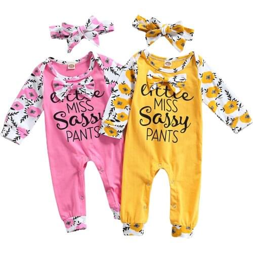 2021 Infant Baby Girl’s Long Sleeve Jumpsuit Fresh Letter Flower Print Romper Long Pants and Headband