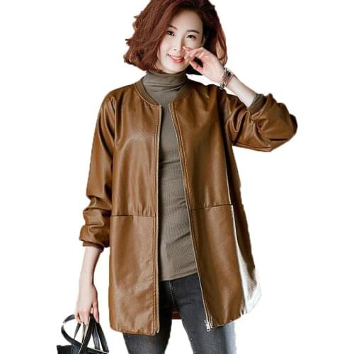 Spring Autumn Large Size Women Leather Jacket Mid-Length Leather Jackets Female New Loose Baseball Uniform PU Windbreaker Coat