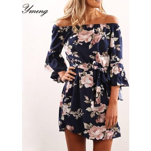 Yming Floral Print Boho Summer Women Dress Off Shoulder Party Dresses Backless Mini Beach Sundress Elegent Plus Size Vestidos