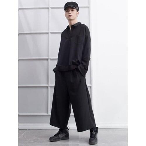 Ins abstinence department eight-point suit pants male Hong Kong style pure black wide-leg daddy pants nine-point straight casual