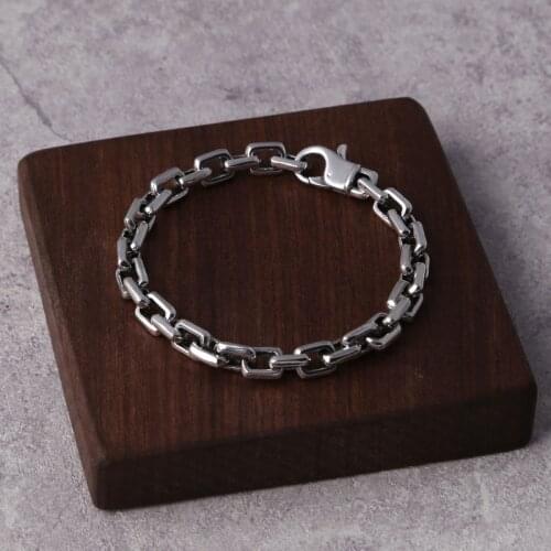 925 Sterling Silver 7MM Square Chain Bracelets With Spring Clasps Simple Fashion 20CM Retro Punk Bracelets For Men