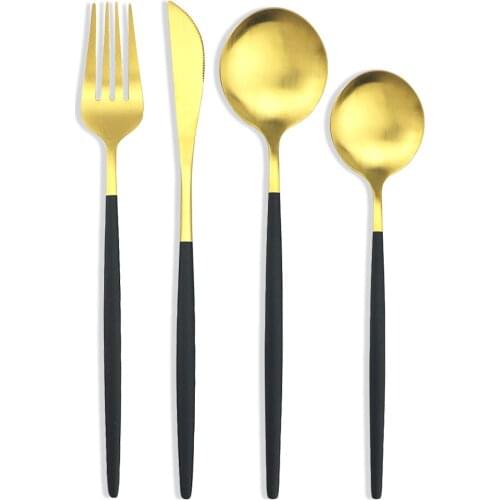 4Pcs Black Gold Cutlery Set Stainless Steel Dinnerware Set Knife Fork Dessert Spoon Dinner Tableware Set Kitchen Silverware Set